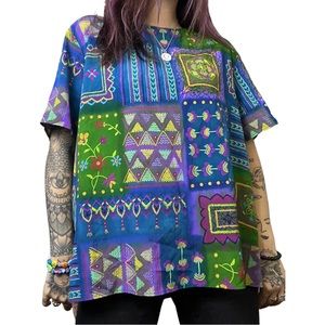 90s Vintage Earthy Patchwork Blouse • Size Large/XL 🌿🌎
